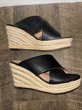 Black Espadrille Wedge Slide Sandals - Women's